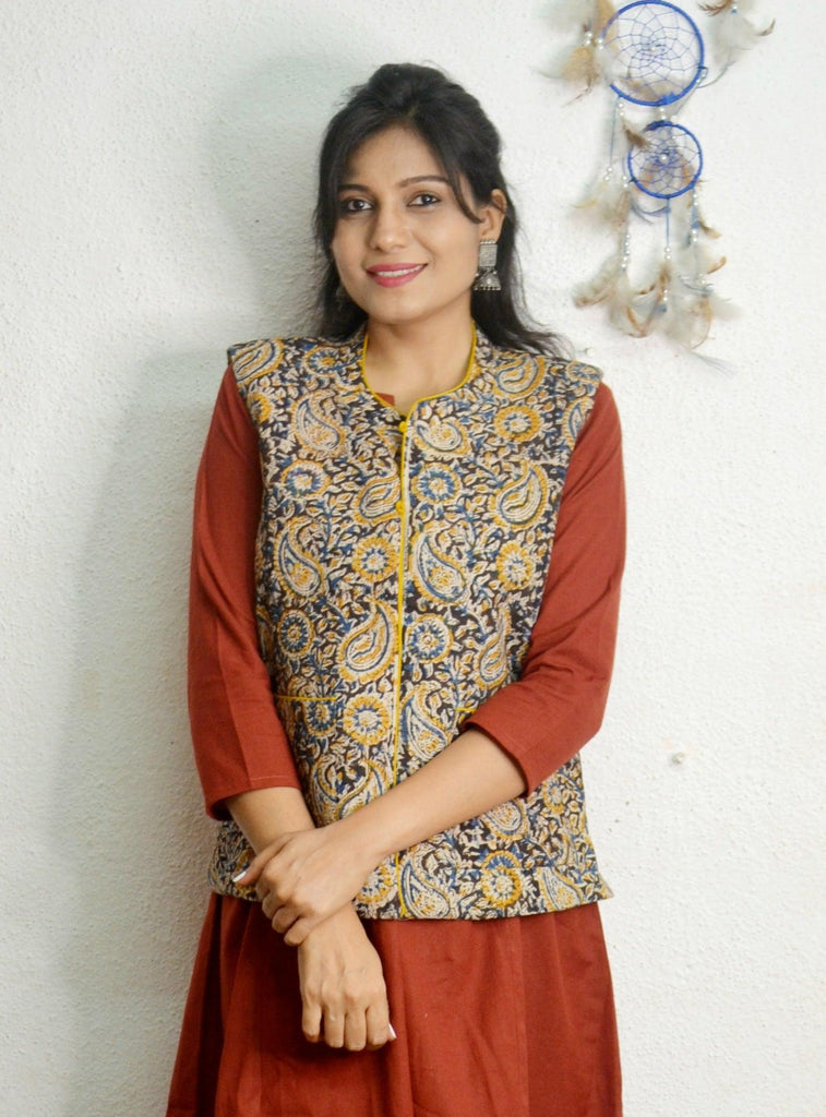 Ikkat kurthi with kalamkari coat.. – karthika design studio
